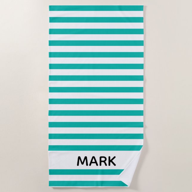Green And White Striped Personalized Beach Towel (Front)