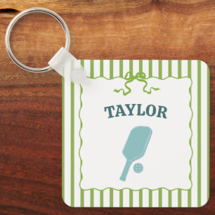 Green and White Striped Pickleball Personalized Keychain