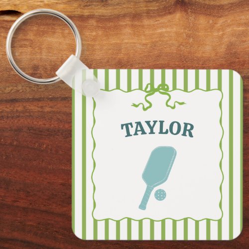 Green and White Striped Pickleball Personalized Keychain