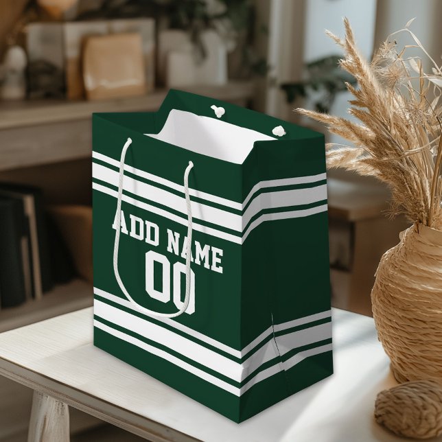 Green and White Striped Sports Jersey Personalized Medium Gift Bag (Custom Gift Bag)