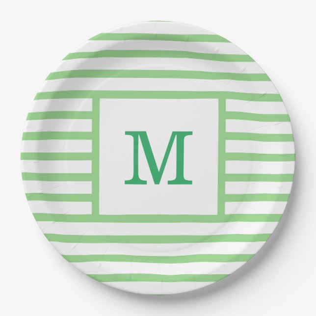 Green and White Stripes Custom Monogram Paper Plates (Front)