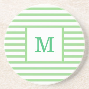 Green and White Stripes Custom Monogram Sandstone Coaster