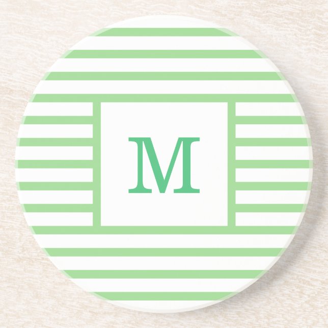 Green and White Stripes Custom Monogram Sandstone Coaster (Front)