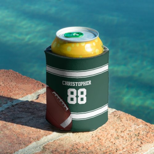 Green and White Stripes Jersey Grid Iron Football Can Cooler