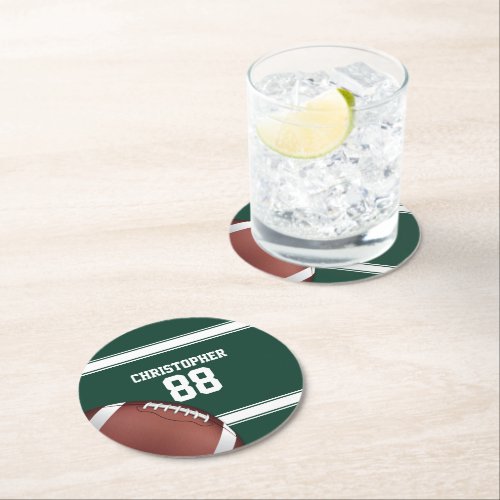 Green and White Stripes Jersey Grid Iron Football Round Paper Coaster