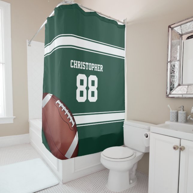 Green and White Stripes Jersey Grid Iron Football Shower Curtain (In Situ)