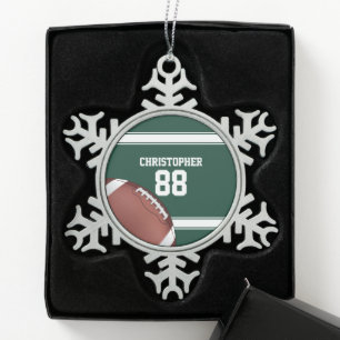 Green and White Stripes Jersey Grid Iron Football Snowflake Pewter Christmas Ornament