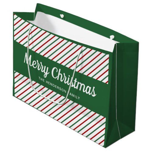 Green And White Stripes Merry Christmas Large Gift Bag