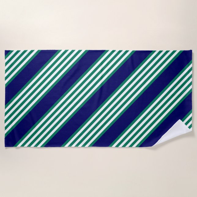 Green and white stripes pattern with navy blue beach towel (Front)