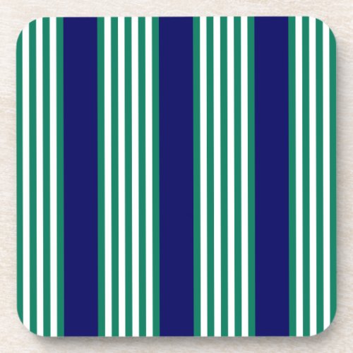 Green and white stripes pattern with navy blue beverage coaster