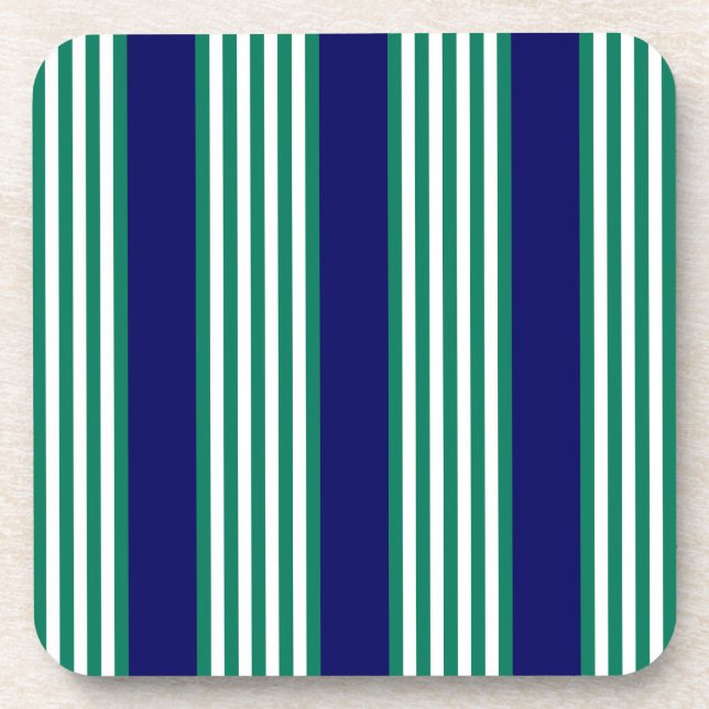 Green and white stripes pattern with navy blue beverage coaster (Front)