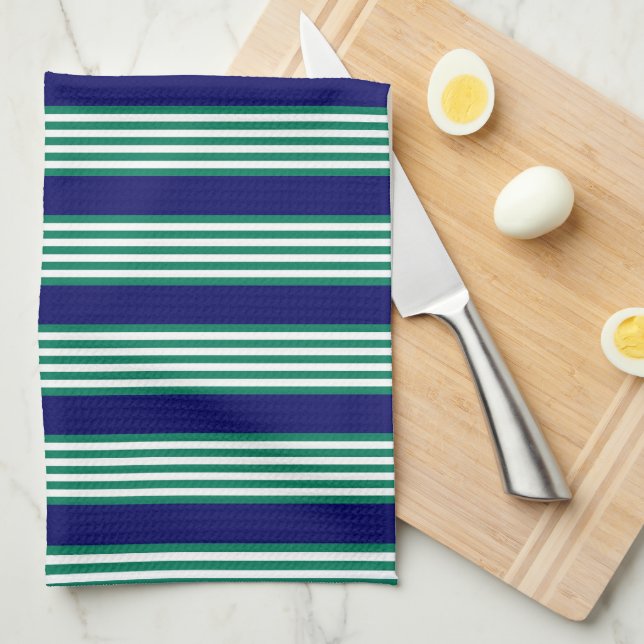 Green and white stripes pattern with navy blue kitchen towel (Quarter Fold)