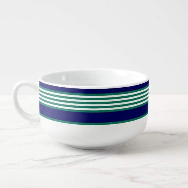 Green and white stripes pattern with navy blue soup mug (Right)