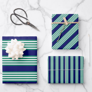 Green and white stripes pattern with navy blue wrapping paper sheets