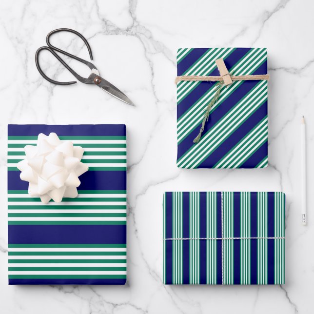 Green and white stripes pattern with navy blue wrapping paper sheets (Front)