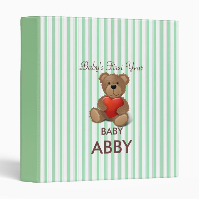 Green and White Stripes Pattern With Teddy Bear Binder (Front/Spine)