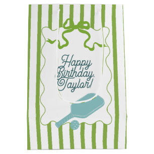 Green and White Stripes Pickleball Personalized Medium Gift Bag