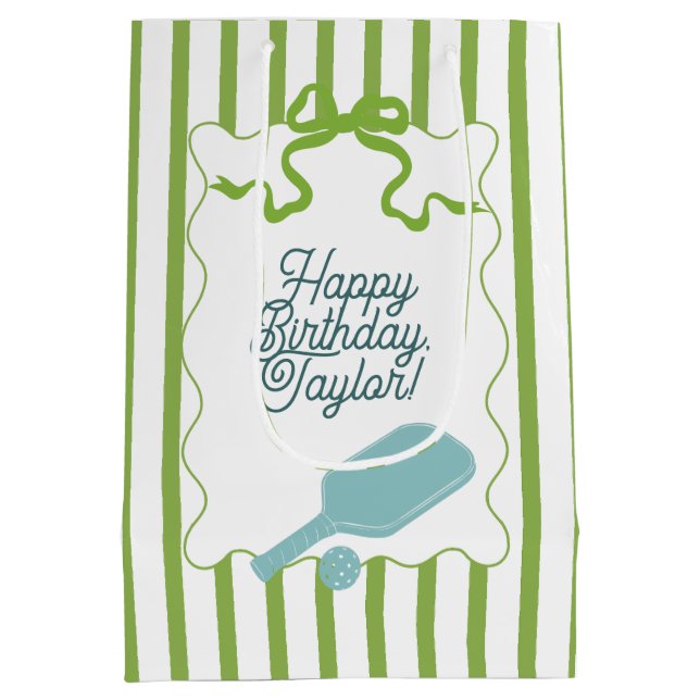 Green and White Stripes Pickleball Personalized Medium Gift Bag (Back)