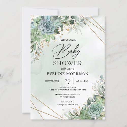 Green and white succulents eucalyptus gold baby in invitation