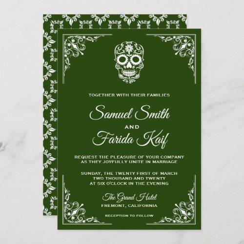 Green and White Sugar Skull Wedding Invitation