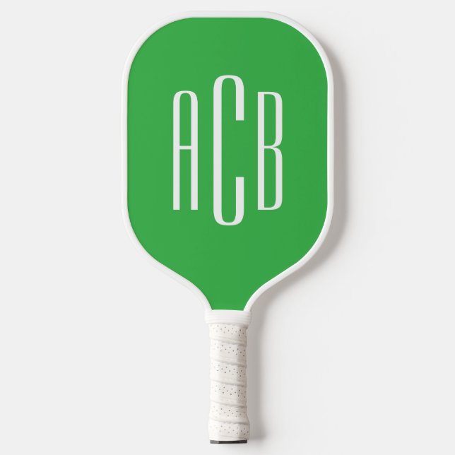 Green and White Three Letter Monogram Retro Check Pickleball Paddle (Front)