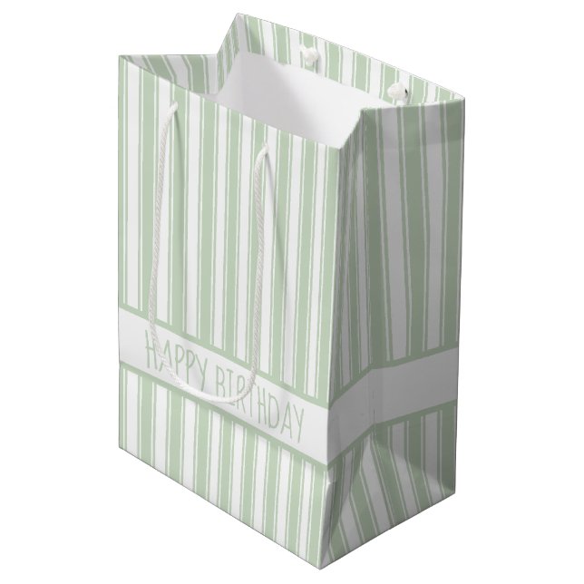 Green and White Ticking Stripe Personalized Medium Gift Bag (Front Angled)