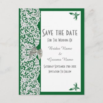 Green And White Traditional Lace Save The Date Announcement Postcard by personalized_wedding at Zazzle