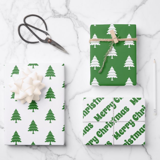 Green and white trees Merry Christmas holiday Wrapping Paper Sheets (Front)