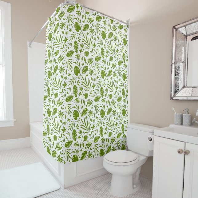 Green and White Tropical Leaf Shower Curtain (In Situ)