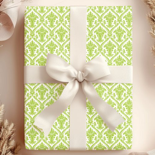 Green and White Vintage Damask Pattern Wrapping Paper