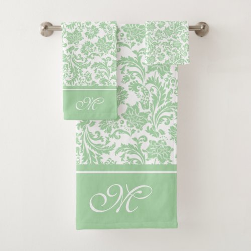 Green and white vintage damasks monogram bath towel set