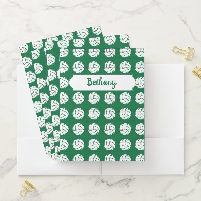 Green and White Volleyball Pattern Pocket Folder (In Situ)