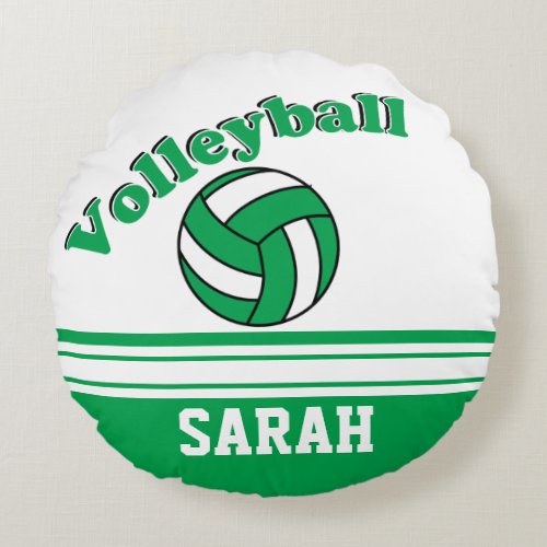 Green and White Volleyball  Personalize Round Pillow