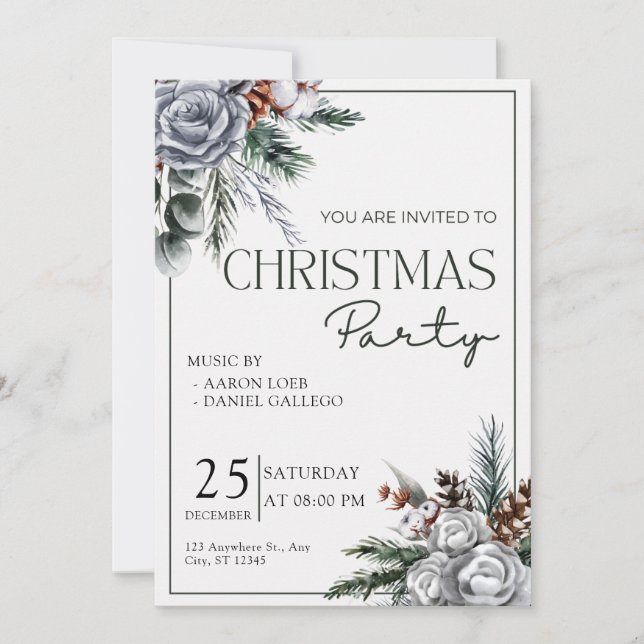 Green and White Watercolor Christmas Party Invitation (Front)