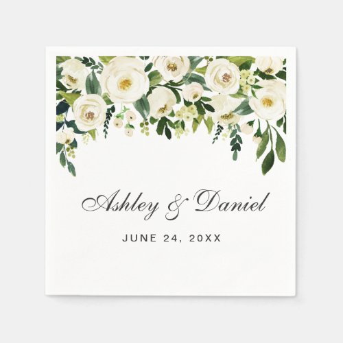 Green and White Watercolor Floral Wedding Napkins
