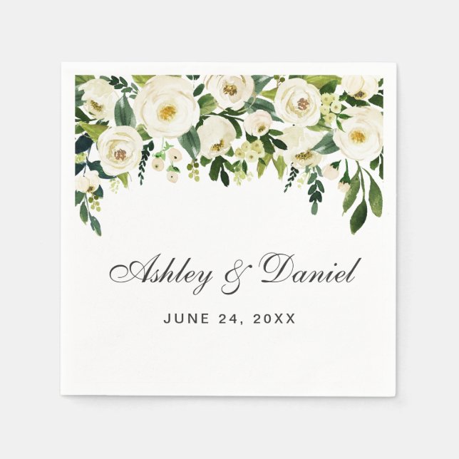 Green and White Watercolor Floral Wedding Napkins (Front)