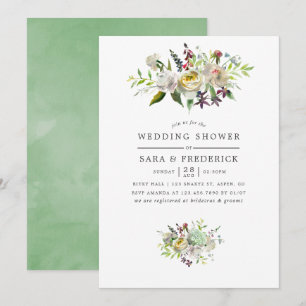 Green and White Watercolor Floral Wedding Shower Invitation