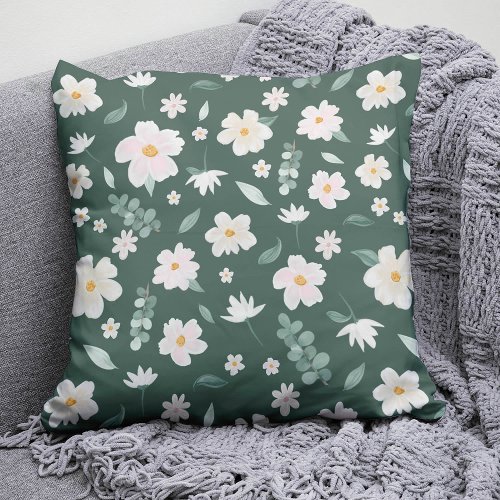 Green and white watercolor floral with foliage throw pillow