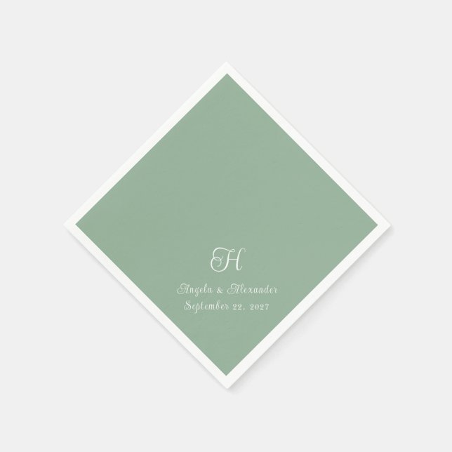 Green and White Wedding Monogram Script Napkins (Corner)