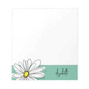 Green and White Whimsical Daisy with Custom Text Notepad