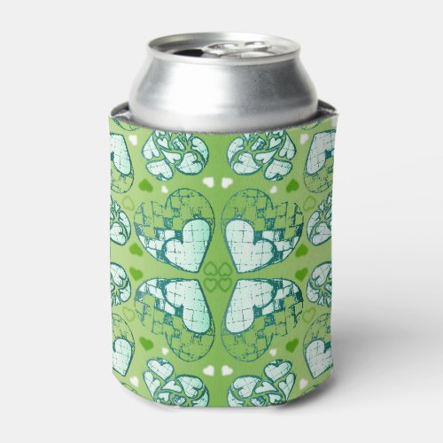 Green and white Whimsical Romantic Hearts pattern Can Cooler