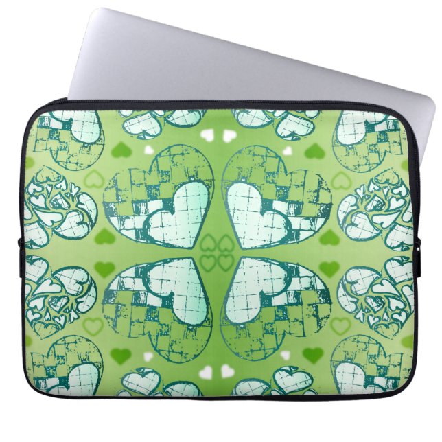 Green and white Whimsical Romantic Hearts pattern Laptop Sleeve (Front)