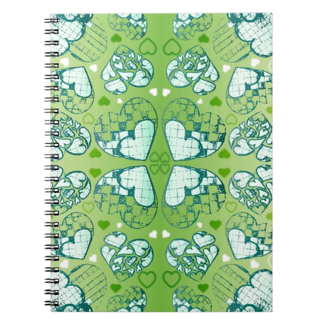 Green and white Whimsical Romantic Hearts pattern Notebook (Front)