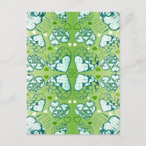 Green and white Whimsical Romantic Hearts pattern Postcard