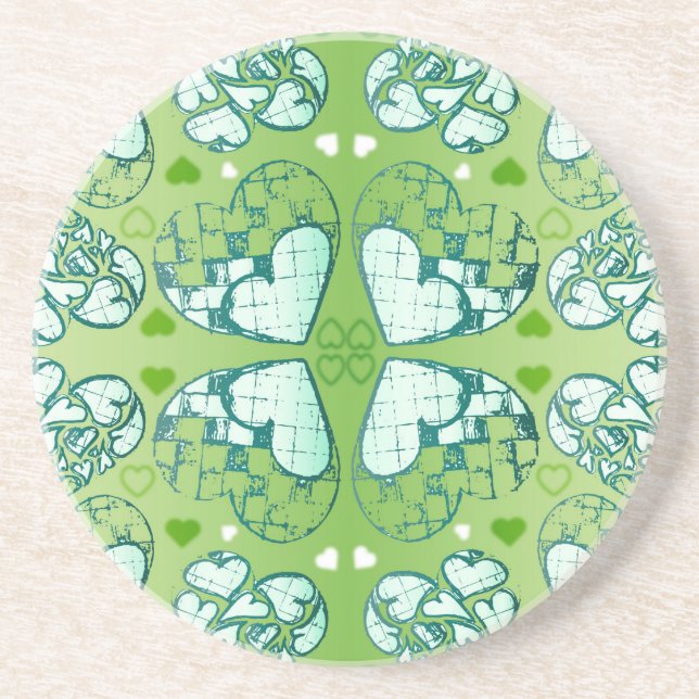 Green and white Whimsical Romantic Hearts pattern Sandstone Coaster (Front)