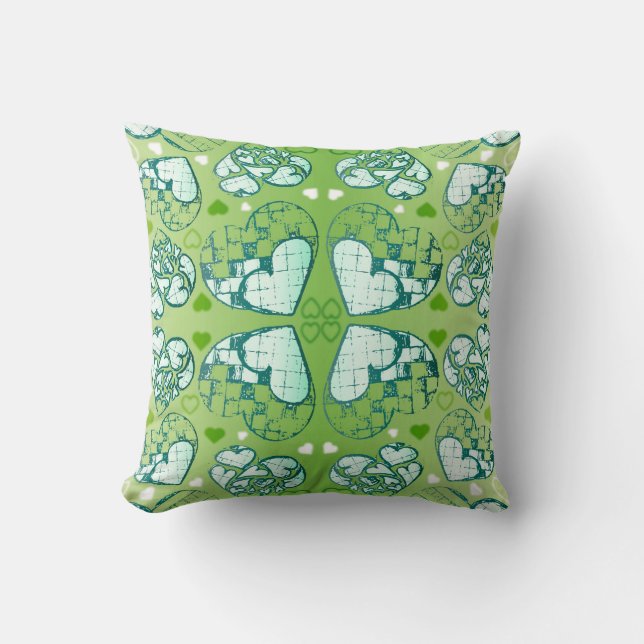 Green and white Whimsical Romantic Hearts pattern Throw Pillow (Front)