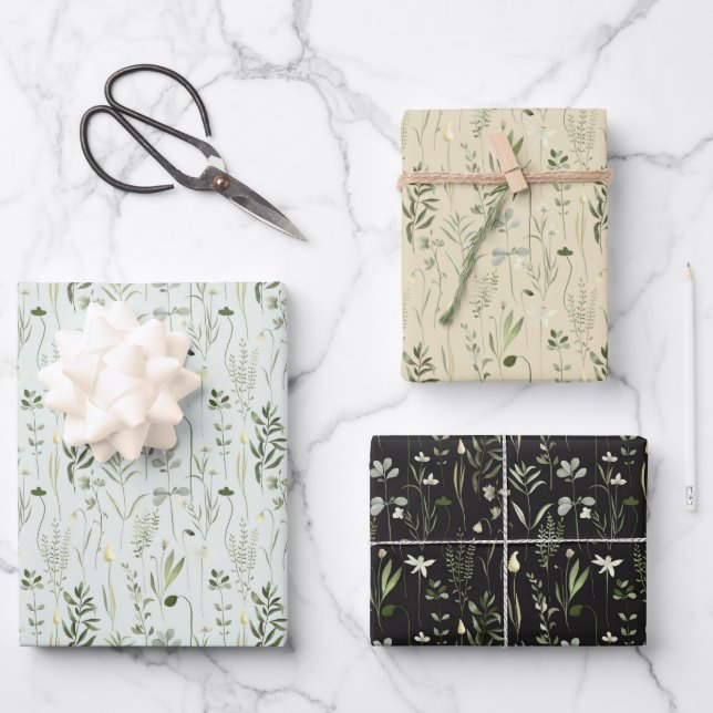 Green and White Wildflowers  Wrapping Paper Sheets (Front)