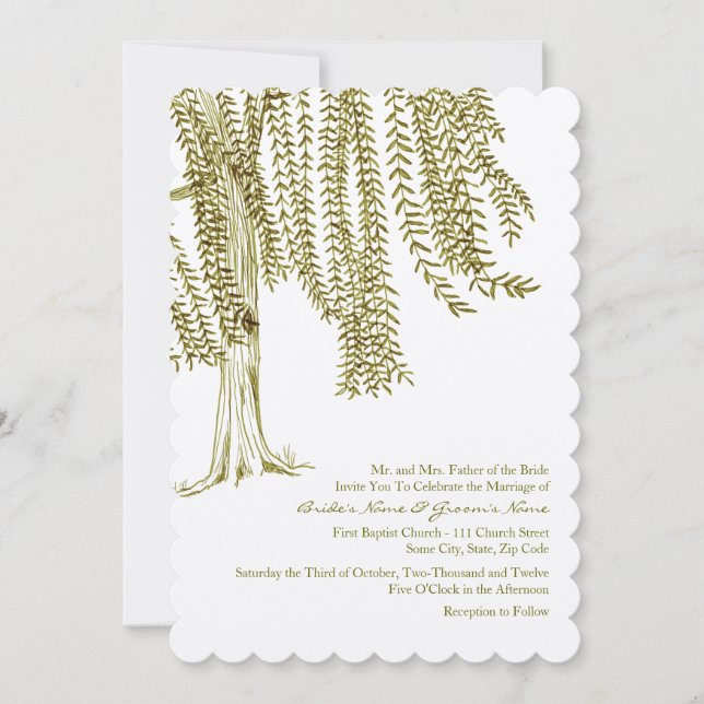 Green and White Willow Tree Wedding Invitation (Front)