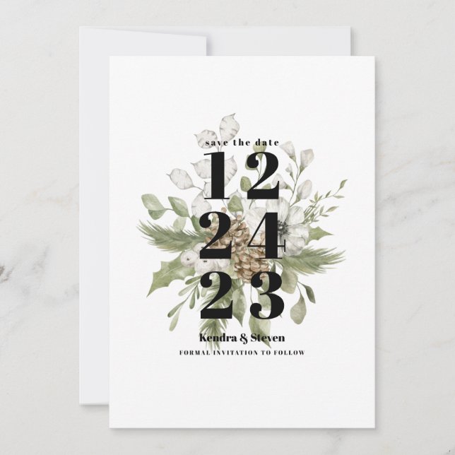 Green and White Winter Forest Bouquet |  Invitation (Front)