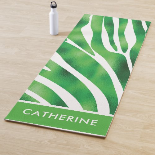 Green and White Zebra Stripe pattern Yoga Mat